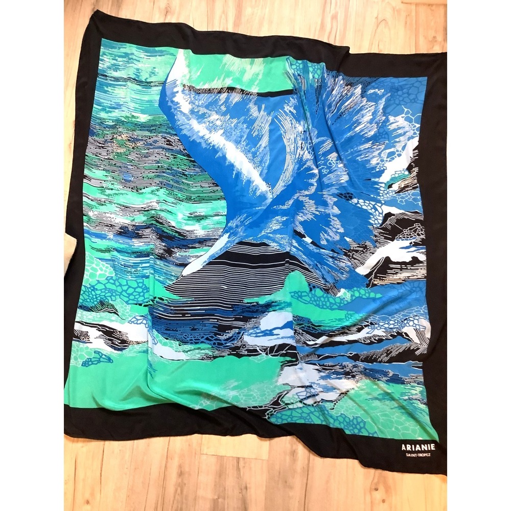 Vintage French Silk Scarf with Ocean Scene 50" x 50" Arianie Saint-Tropez